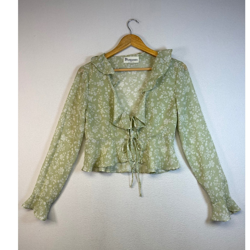 Cottagecore No Boundaries Womens M Sage Green Floral Ruffle Tie Front Peplum Top